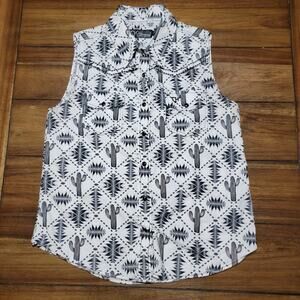 Cowgirl Hardware B&W Sleeveless Pearl Snap Western Top w/ Cactus - Size Medium*
